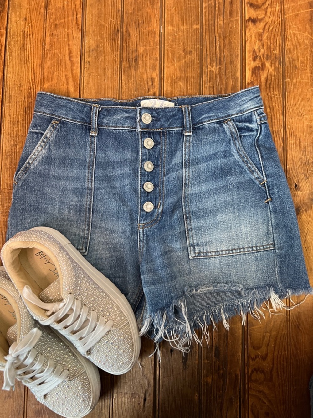 We The Free Distressed High-Rise Button-Fly Denim Shorts - Blue size 27